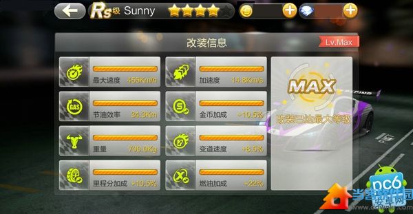 天天飞车Ra级车Sunny升级Rs需要钻石金币？